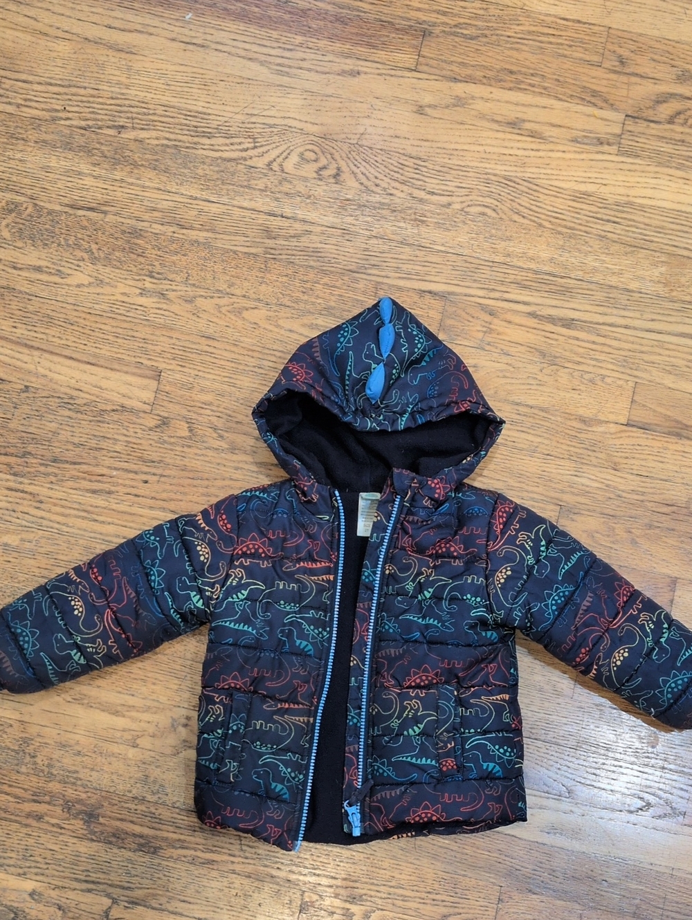 Little Me Black Puffer Jacket with Colorful Dino Print